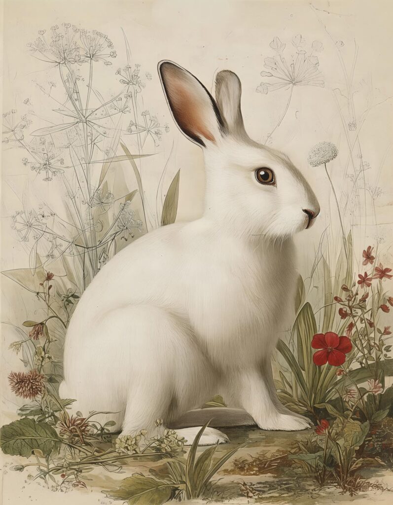 Bespoke pet portrait of a white rabbit botanical style.