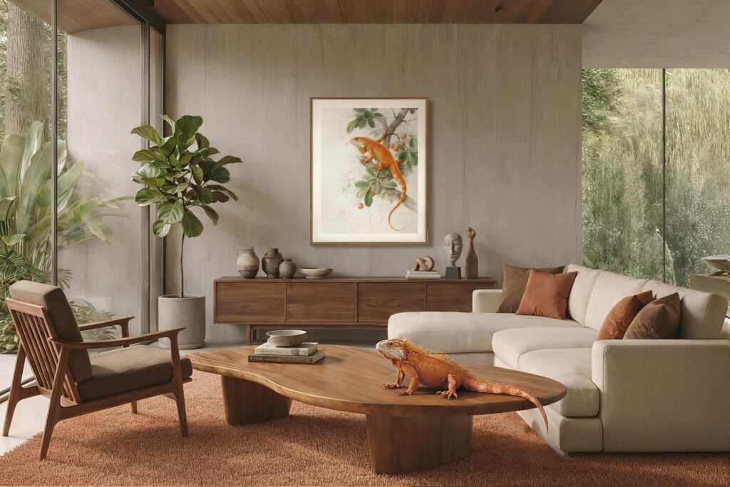 Red iguana sitting on a coffee table in front of his custom animal portrait in a luxury tropical home