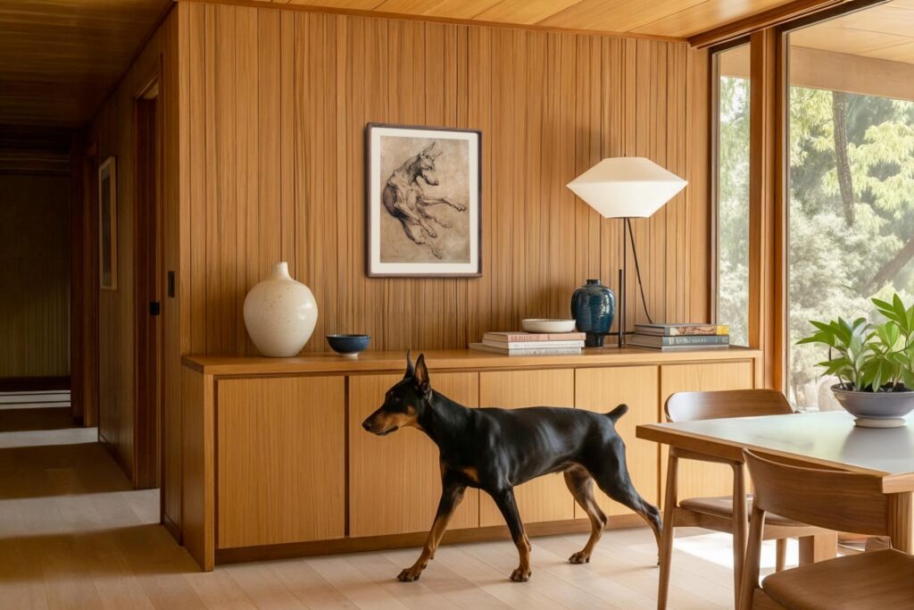 Doberman walking by his bespoke pet portrait in a mid-century modern home