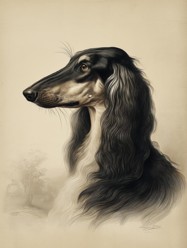 custom black dog portrait rendered in the style of a natural history plate