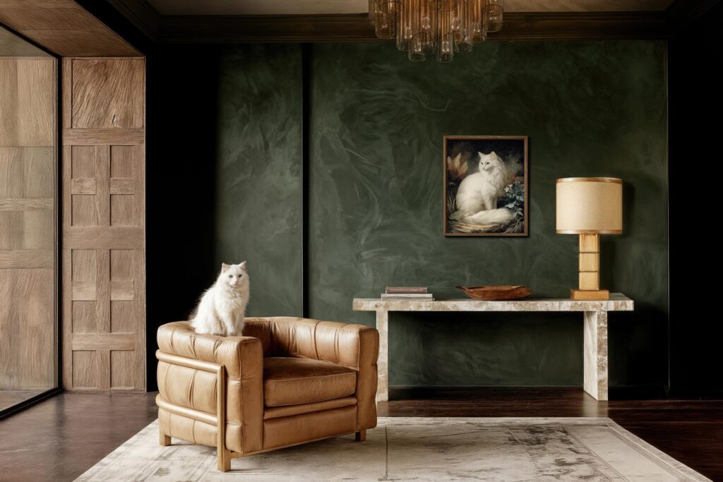 White Angora cat sitting near her custom pet portrait in the entrance of a luxury home