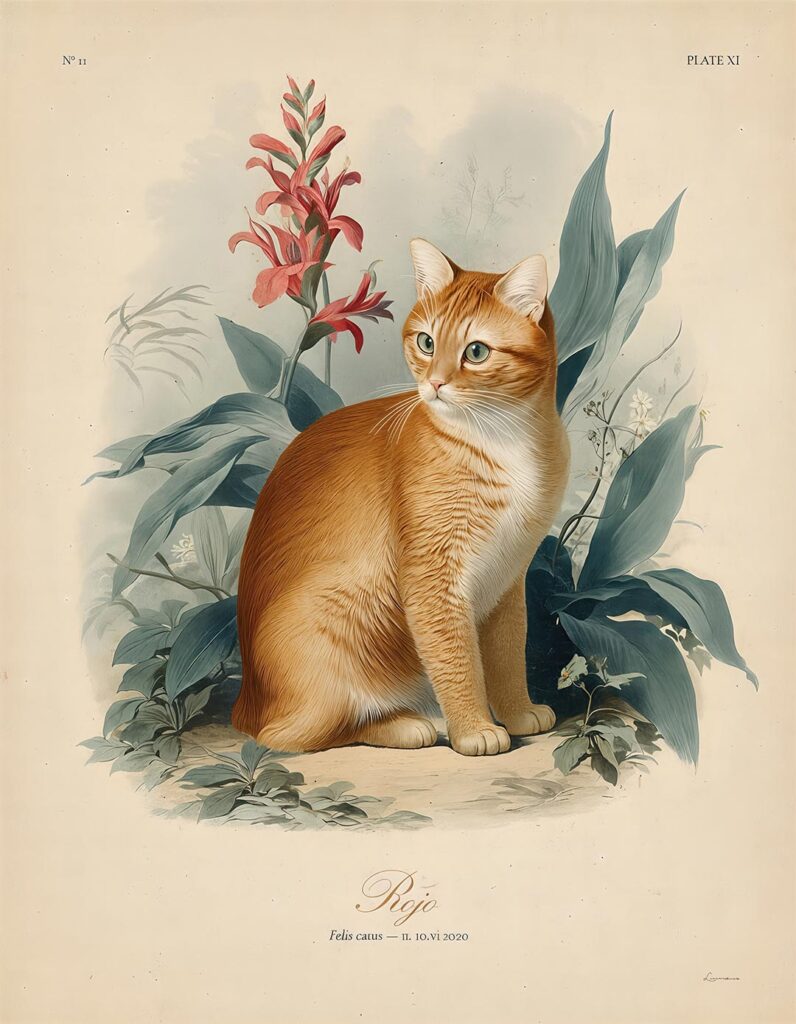 high quality pet portrait on orange cat in the style of audobon