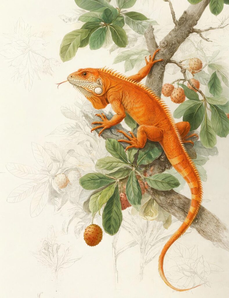 custom animal portrait of an iguana, in the style of a natural history illustration