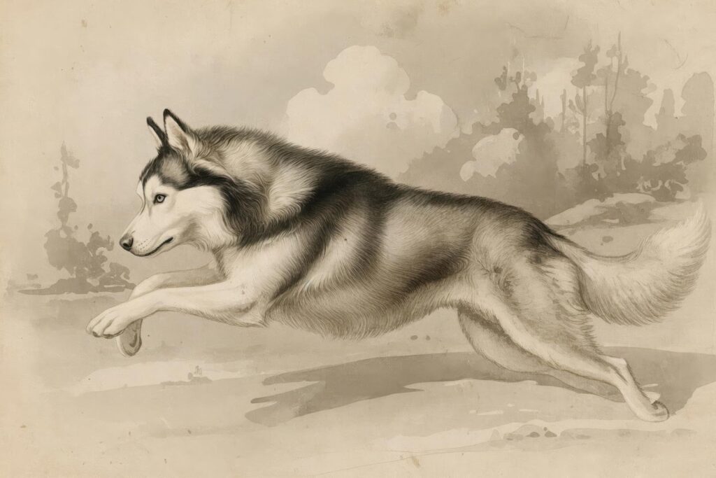 cusom pet portrait of a siberian Husky running in the style of John James Audubon