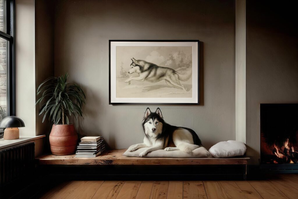 Siberian Husky lying in front of his custom animal portrait next to a fireplace