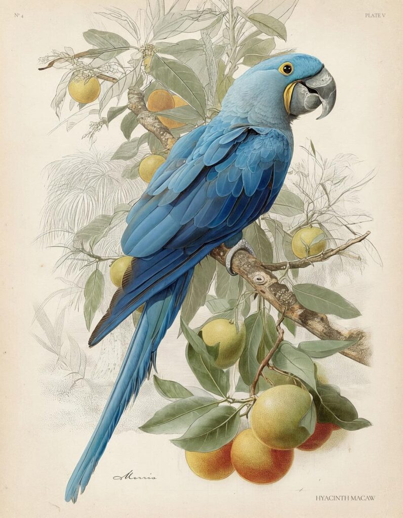 Hyacinth macaw animal portrait commission, painted in the style of John James Audubon