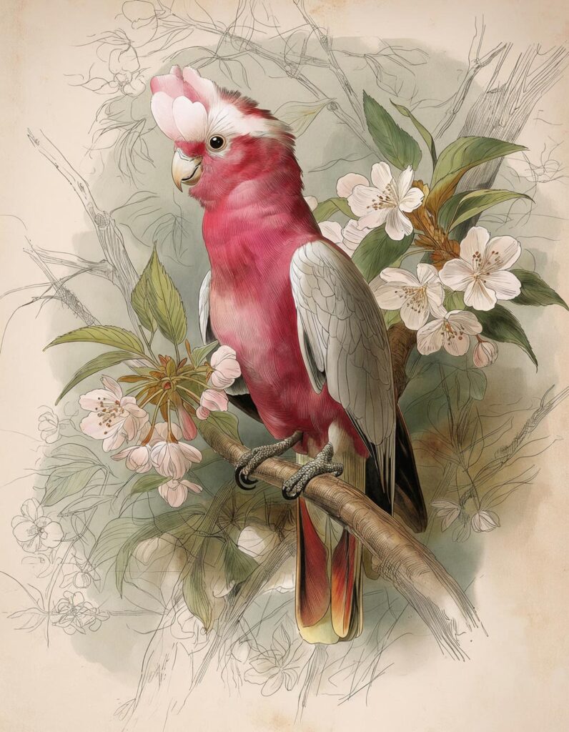 Rose-breasted cockatoo pet portrait  in the naturalist style of John James Audubon