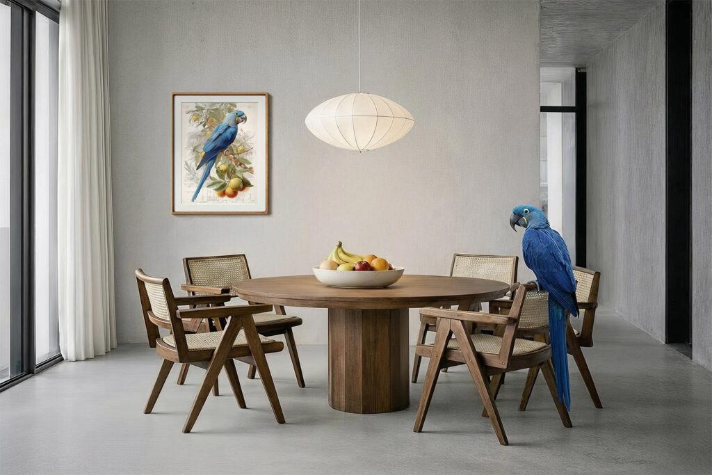 Hyacinth macaw bespoke portrait installed in a dining area with the real hyacinth macaw perched on a chair nearby