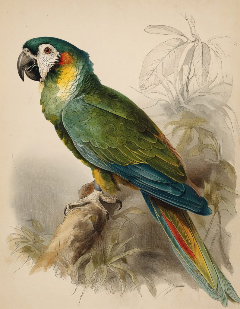 Custom Parrot portrait print in the naturalist style of John James Audubon