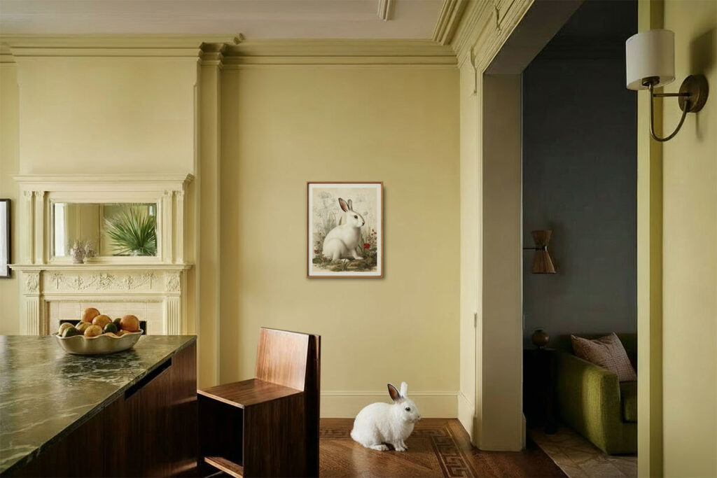 White rabbit posing in front of it's custom animal portrait by Studio Linnaeus in a modern kitchen
